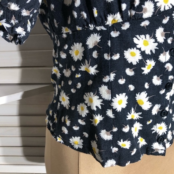 Vintage Y2K Daisy Blouse Puff Short Sleeves Floral Navy - Medium - Picture 8 of 13